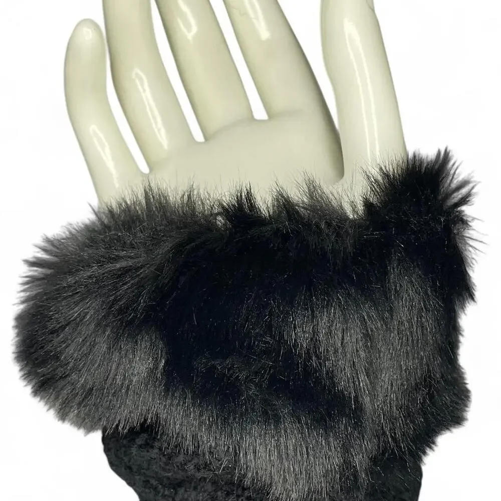 Black Faux Fur Vegan Knit Knitted Fingerless Gloves Glamour Whimsygoth Emo Warm